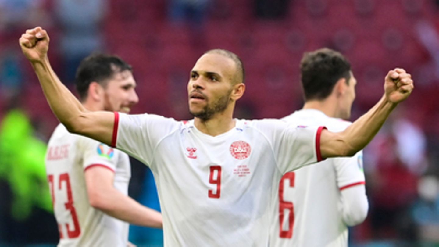 Martin Braithwaite von Dänemark freut sich bei der EM 2021 über sein Tor zum 4:0 gegen Wales