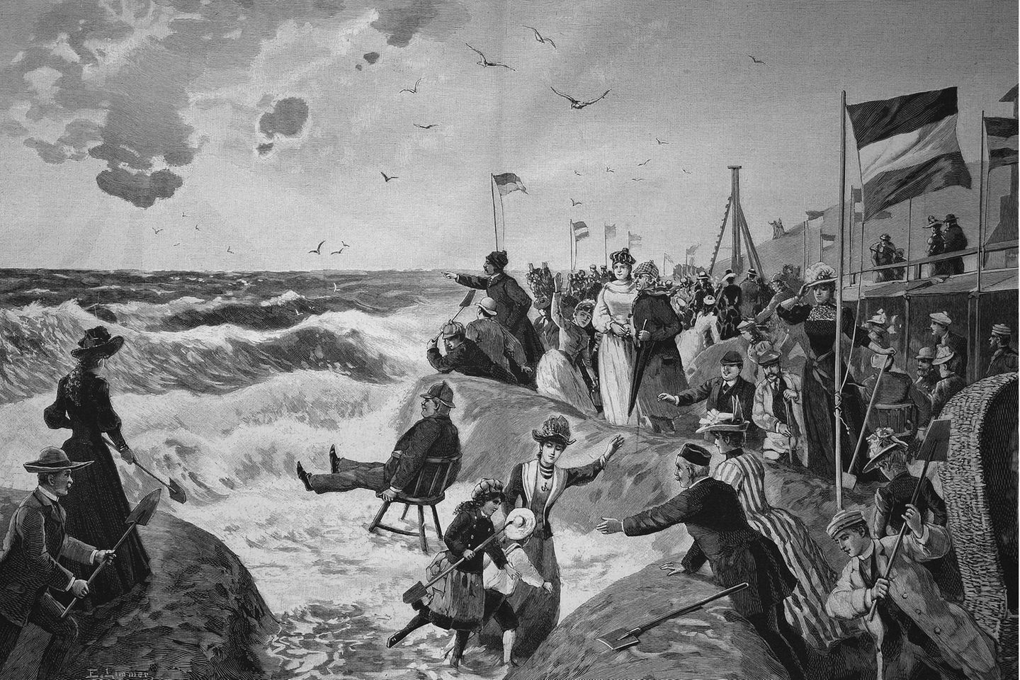 Stürmische See: Ende des 19. Jahrhunderts wird Sylt bei gut betuchten Reisenden immer beliebter (hier um 1880). Die meisten Gäste kommen, um sich im Seebad Westerland zu erholen
