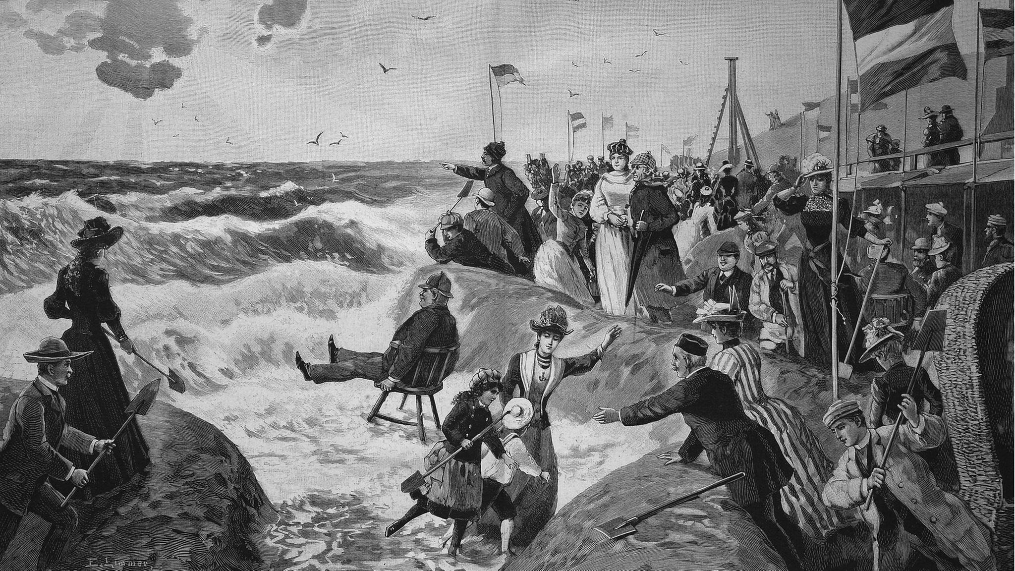 Stürmische See: Ende des 19. Jahrhunderts wird Sylt bei gut betuchten Reisenden immer beliebter (hier um 1880). Die meisten Gäste kommen, um sich im Seebad Westerland zu erholen