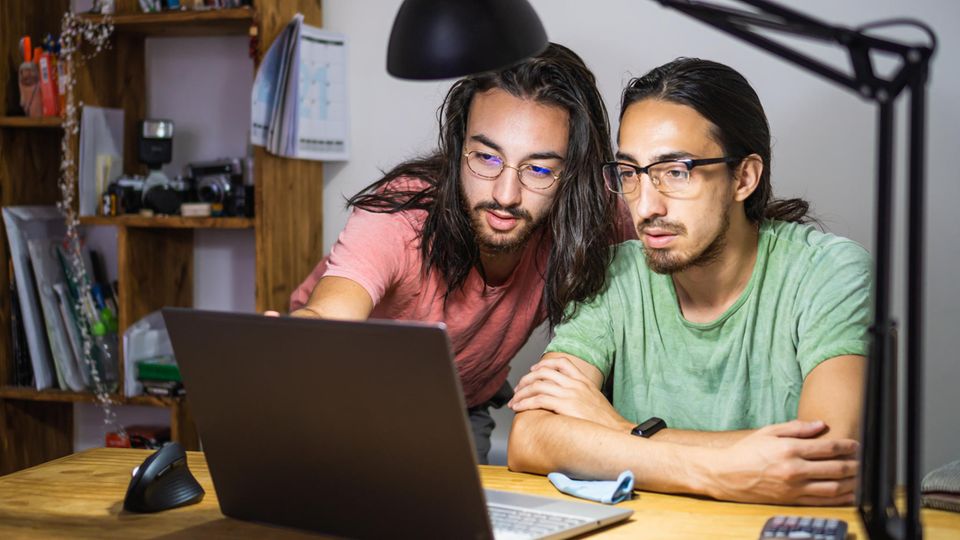 Junge Zwillingsbrüder schauen gemeinsam auf den Bildschirm eines Laptops
