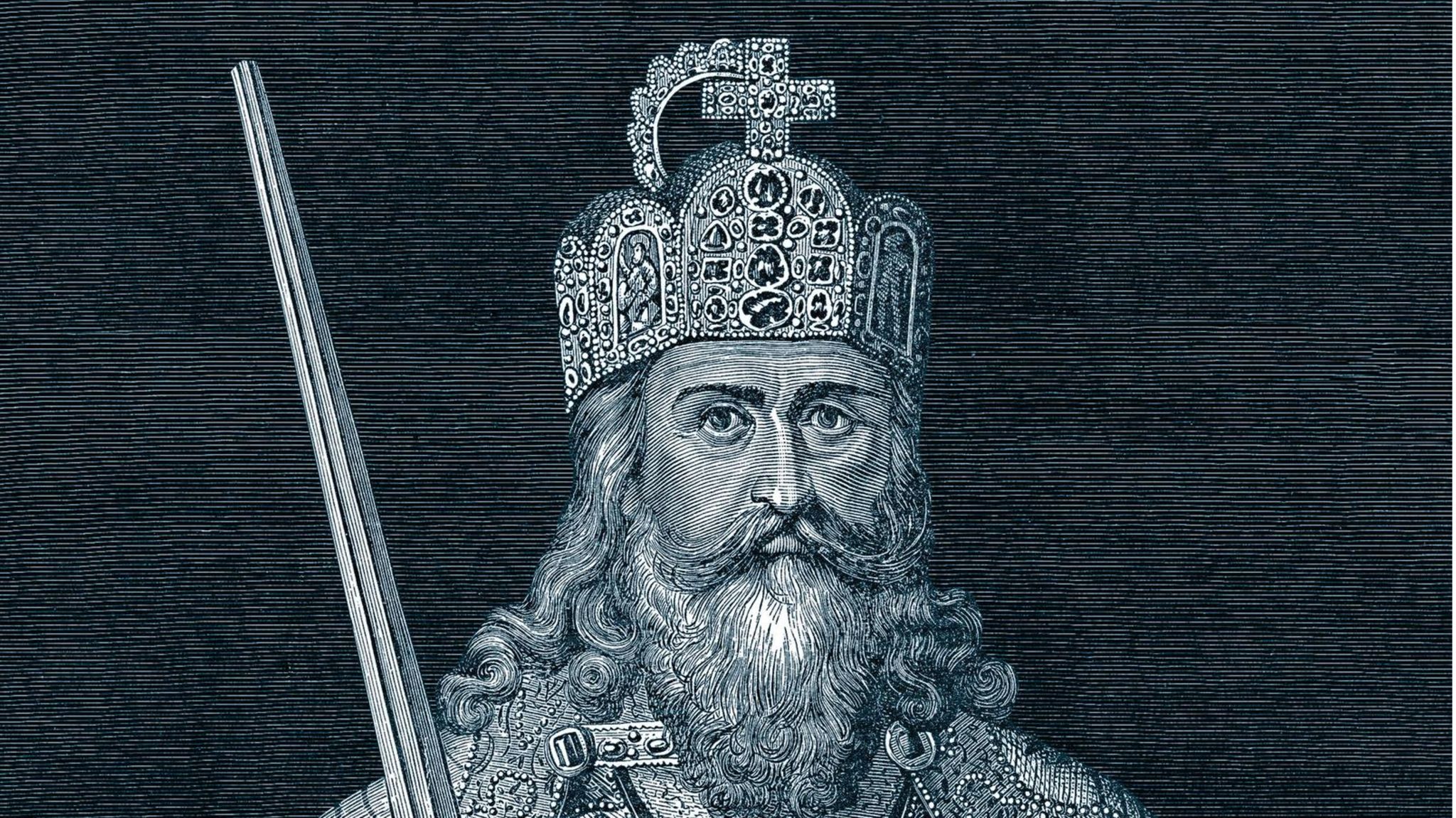 Y9E-2196804: Karl formt sein Imperium mit Waffengewalt und im Namen Christi. Schwert und bekreuzter Reichsapfel sind allerdings erst später kaiserliche Insignien