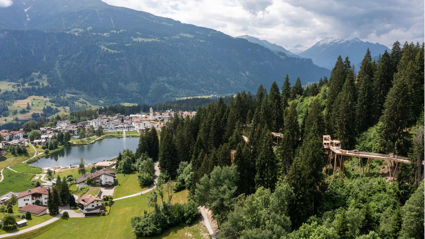 Baumwipfelpfad Senda dil Dragun mit Stadt im Hintergrund