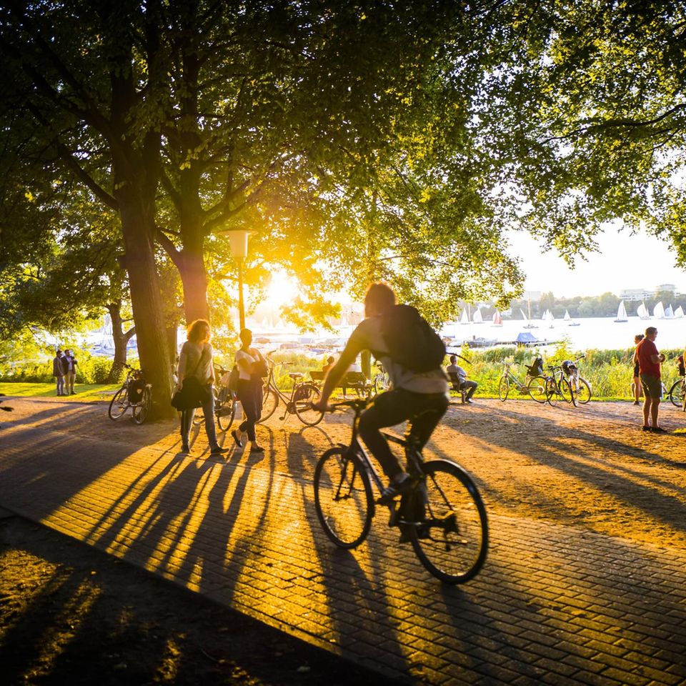 Alsterradweg um die Hamburger Alster am Sommerabend
