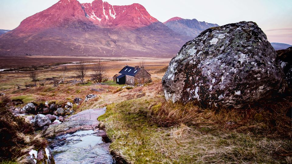 Hoher Besuch: Der Berghütte "Shenavall Bothy" stattete vor Alastair Humphreys schon Prinz Charles einen Besuch ab. So viel Prominenz scheint selbst den Hochlandrindern den Kopf zu verdrehen 