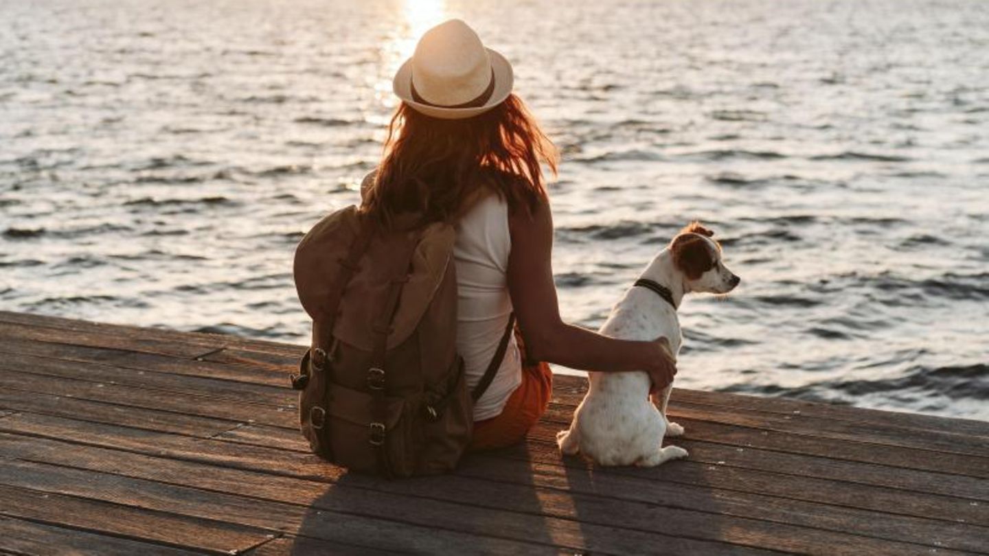 Frau sitzt mit ihrem Hund euf einem Steg und schaut in die Ferne