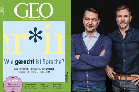 Die Gender-Debatte eskaliert zum Krieg um das Sternchen. Muss das sein? Die aktuelle GEO-Titelgeschichte ist ein Plädoyer für mehr Gelassenheit und Höflichkeit. Im Interview erklären, die beiden Chefredakteure Jens Schröder (li.) und Markus Wolff, warum GEO von nun an auf gendersensible Sprache achten wird