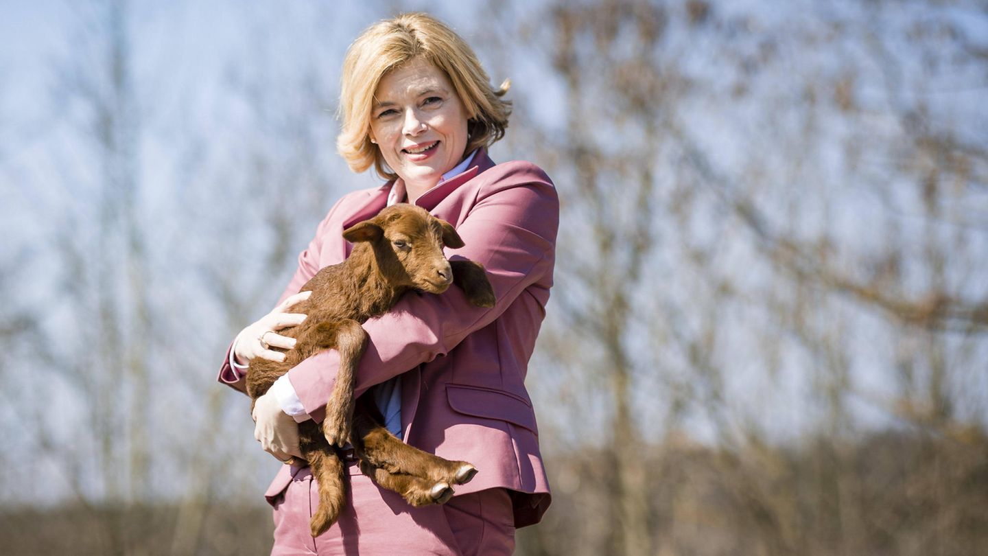 Julia Kloeckner hält eine Babyziege auf dem Arm