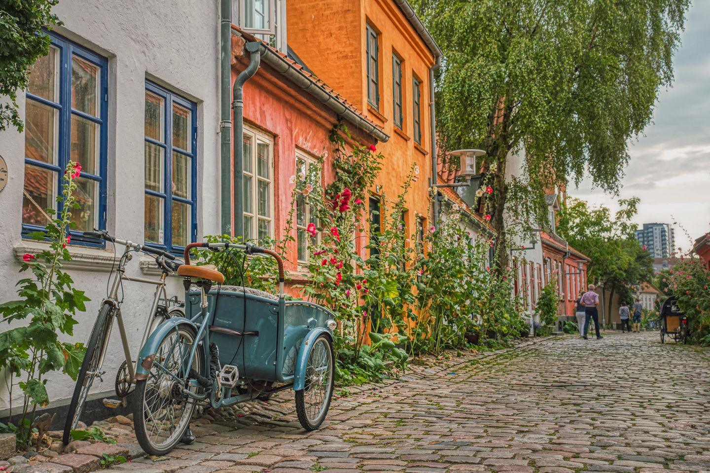 Ein Fahrrad steht vor schönen Häusern in Aarhus