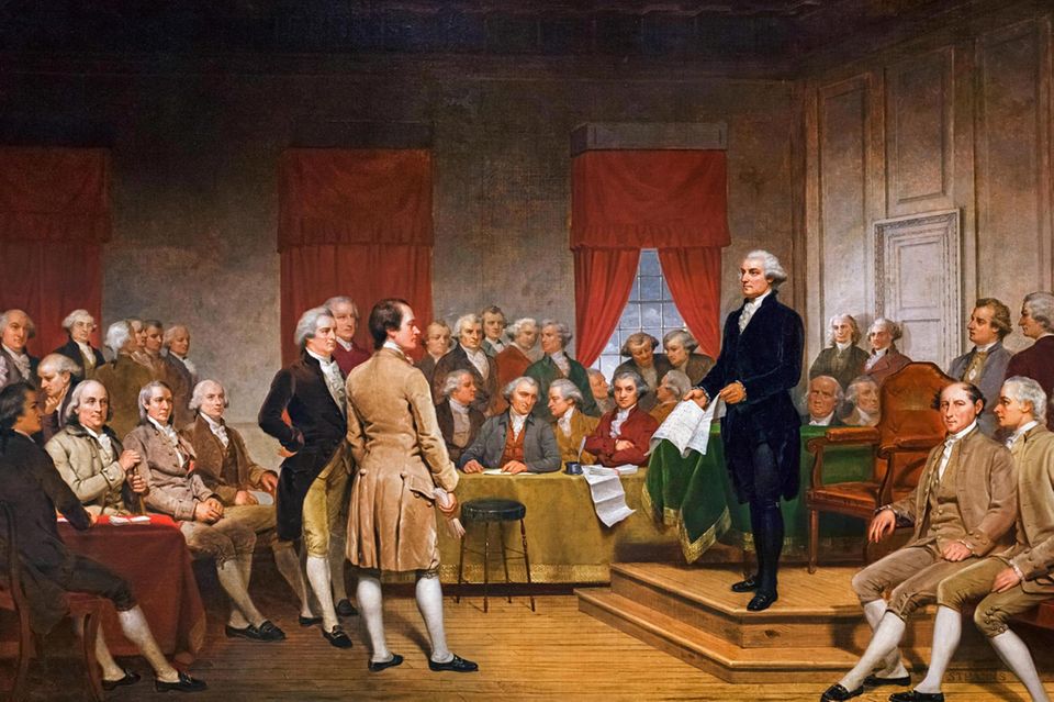 Im Sommer 1787 handeln Vertreter der US-Einzelstaaten in Philadelphia – hier der spätere Präsident George Washington als Vorsitzender der Konferenz – eine revolutionäre Verfassung aus. Sie beginnt mit den Worten: "Wir, das Volk"