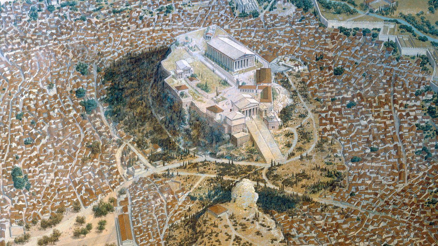 Nahe dem Felsen der Akropolis liegt ein »Pnyx« genanntes natürliches Halbrund, in dem die Bürgerversammlungen stattfinden. Doch unter den Tausenden Teilnehmern fehlen viele Bewohner Athens: Frauen, Zuwanderer und Sklaven sind ausgeschlossen