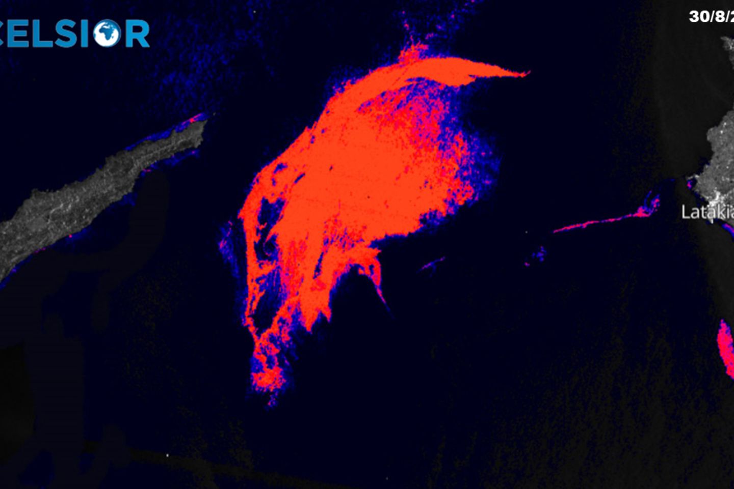 Das Satellitenbild zeigt in Rot den Ölteppich zwischen Syrien (r.) und Zypern (l.)