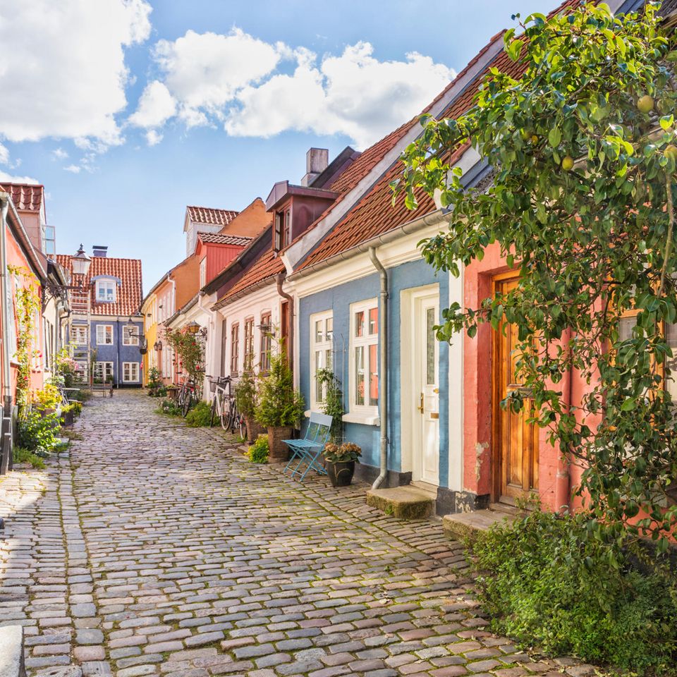 Gepflasterte Straße mit bunten Häusern in der Altstadt von Aalborg, Dänemark