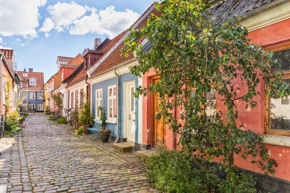 Gepflasterte Straße mit bunten Häusern in der Altstadt von Aalborg, Dänemark 1.3913