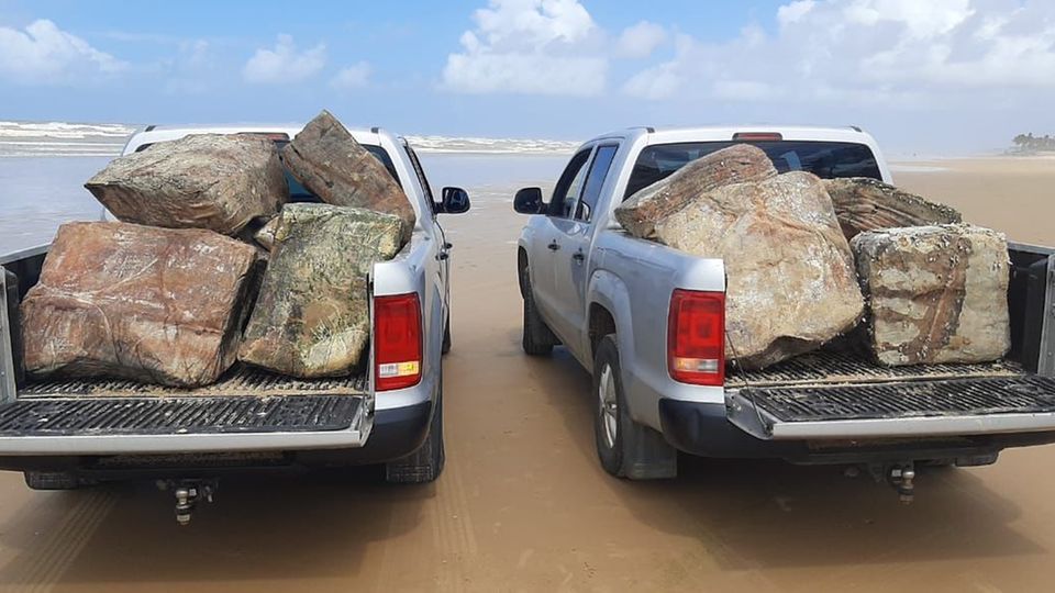Die vielen Kisten werden mit Lastenwagen vom Strand abtransportiert