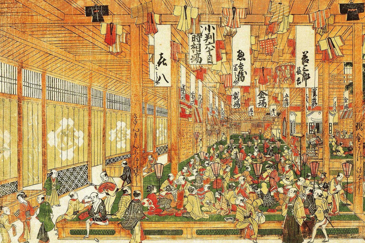 In den Hallen des großen Tuch- und Kleidungsgeschäfts Mitsui kümmern sich Dutzende Verkäufer um die Kundschaft. Fertig geschneiderte Kimonos hängen als Musterstücke von der Decke. Nicht wenige Geschäftsleute machen in Edo ein Vermögen. In der offiziellen Hierarchie der Gesellschaft stehen sie jedoch ganz unten