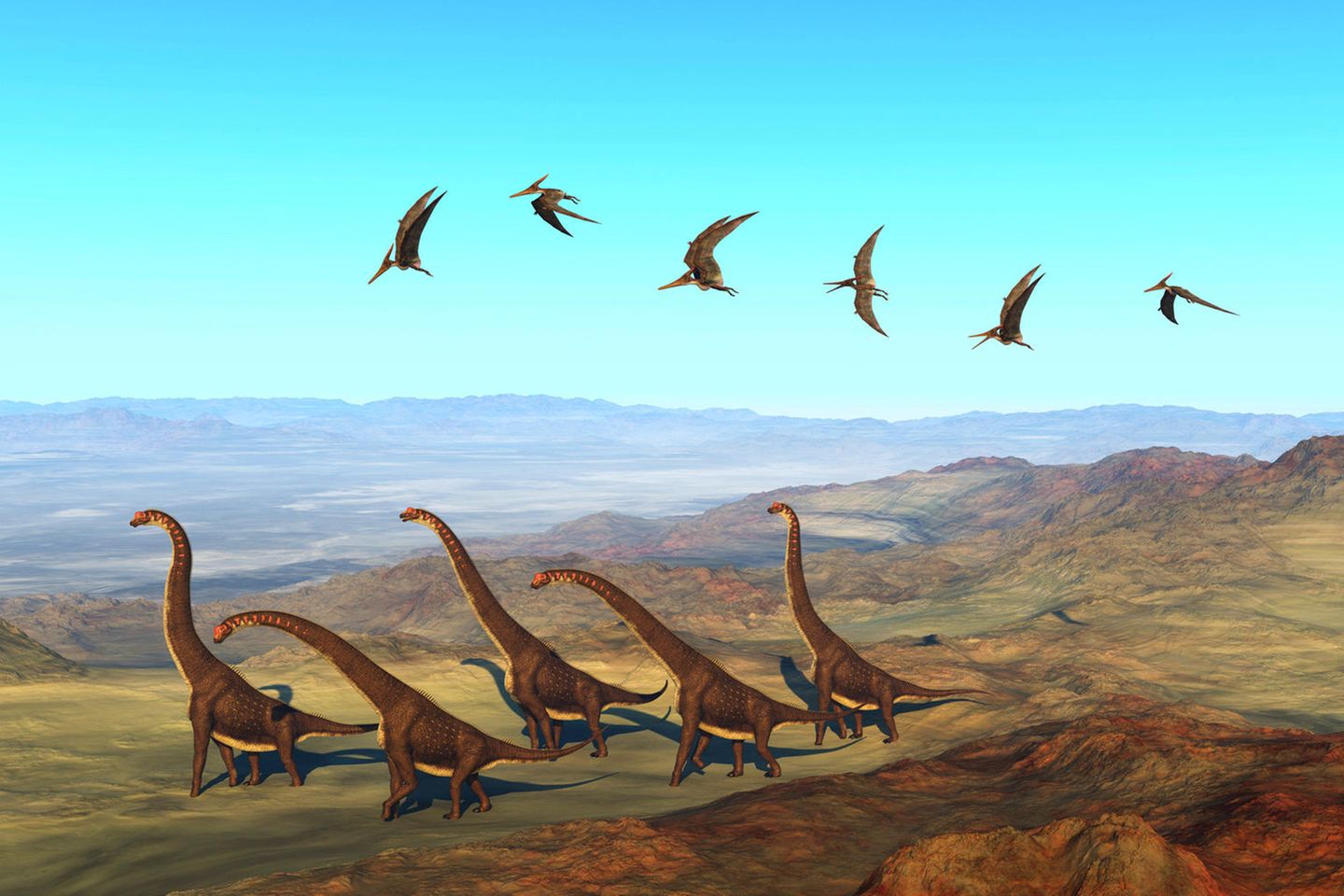 Dinosaurier wandern über einen erloschenen Vulkan in Afrika