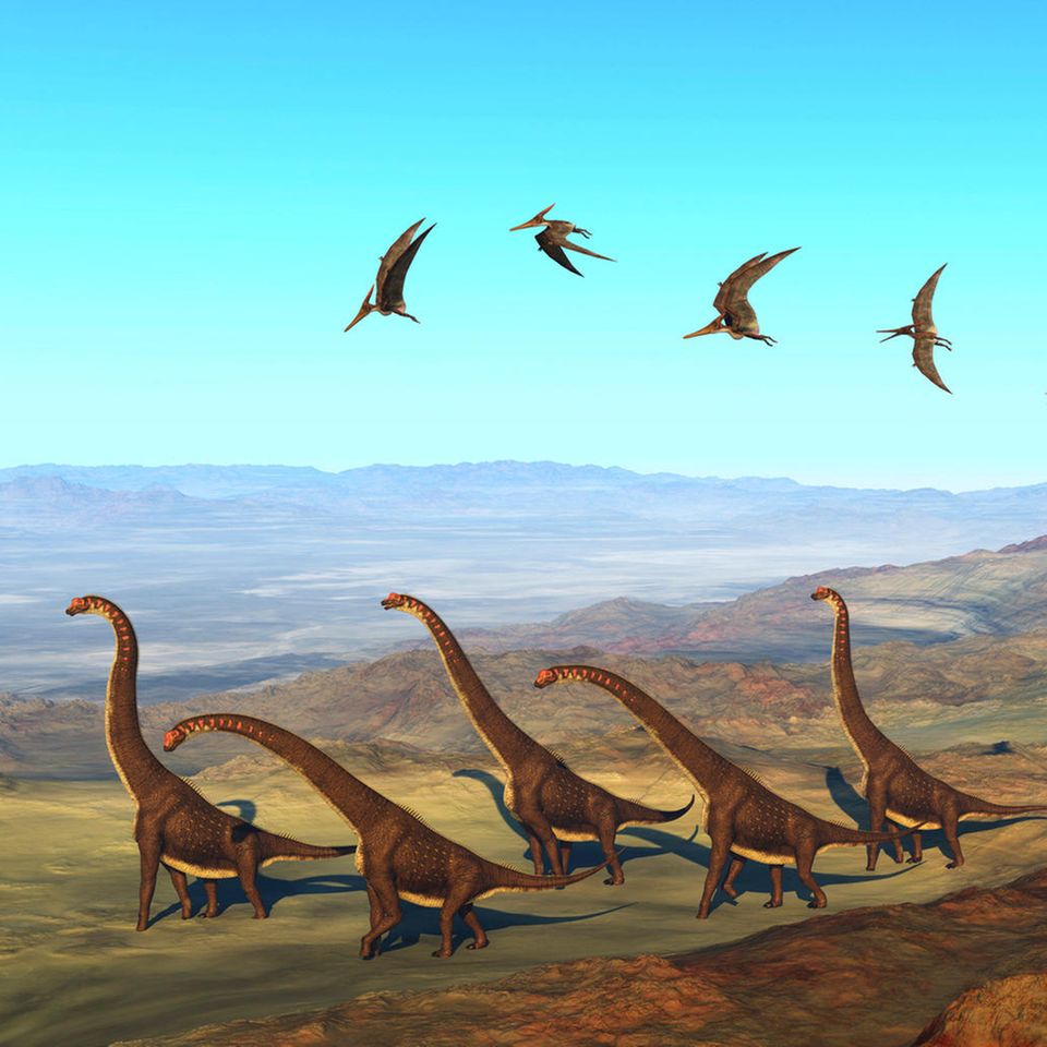 Dinosaurier wandern über einen erloschenen Vulkan in Afrika