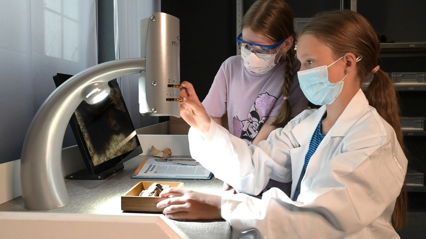 Im Forscherlabor untersuchen die Kinder Steine unter einem Mikroskop.