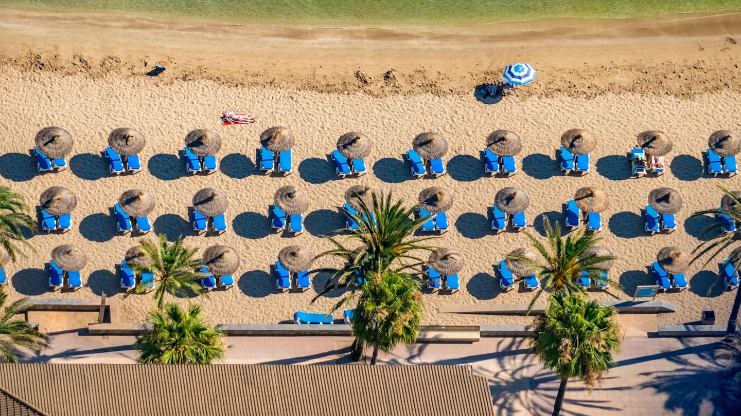 Luftbild von Sonnenliegen und Schirmchen am Strand Luftbild von Sonnenliegen und Schirmchen am Strand