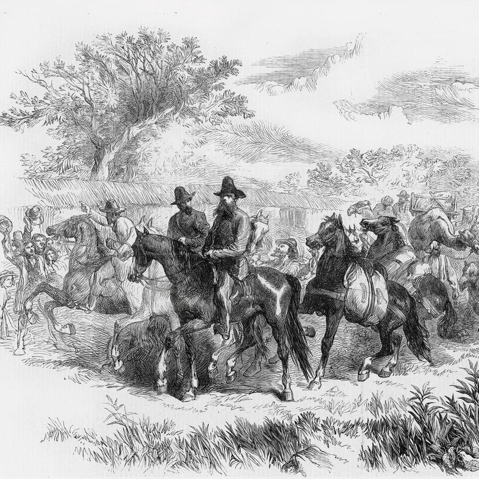 15000 Menschen jubeln den Abenteurern zu: Im August 1860 brechen Burke, Wills sowie 13 weitere Europäer und vier indische Kamelhirten in Melbourne auf. Im Auftrag der Kolonie Victoria sollen sie Australien erstmals von Süd nach Nord durchqueren