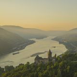 Germany, Rhineland Palatinate, Bacharach, Stahleck Castle, Upper Middle Rhine Valley in the evening