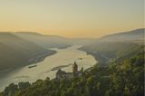 Germany, Rhineland Palatinate, Bacharach, Stahleck Castle, Upper Middle Rhine Valley in the evening