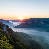 Germany, Baden-Wurttemberg, Scenic view of Danube Valley shrouded in fog at summer sunrise WDF06242 
