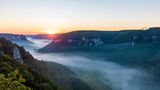 Germany, Baden-Wurttemberg, Scenic view of Danube Valley shrouded in fog at summer sunrise WDF06242 