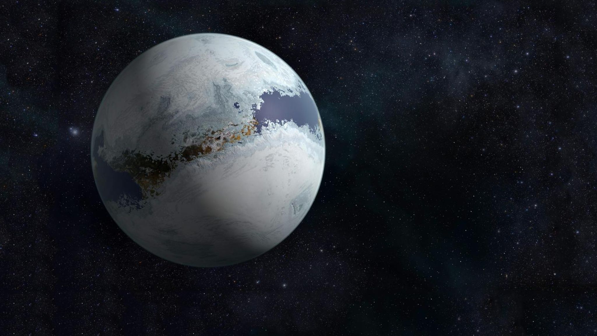 Die Erde im Kälteschlaf: Aus dem All betrachtet zeigt sich, wie gewaltige Eispanzer vor mehr als 700 Millionen Jahren den Planeten bedecken. Vor dem Frost scheint kaum ein Organismus wirklich sicher