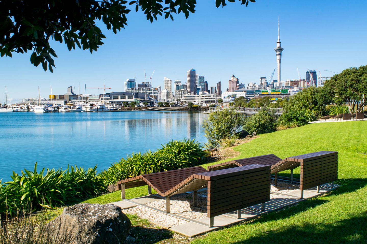 Platz 1: Auckland, Neuseeland Holzbänke im Waterfront Park, Auckland