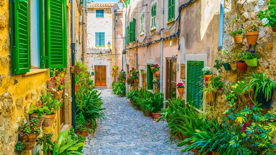 Eine Gasse mit Häusern und Pflanzen in Valldemossa Eine Gasse mit Häusern und Pflanzen in Valldemossa