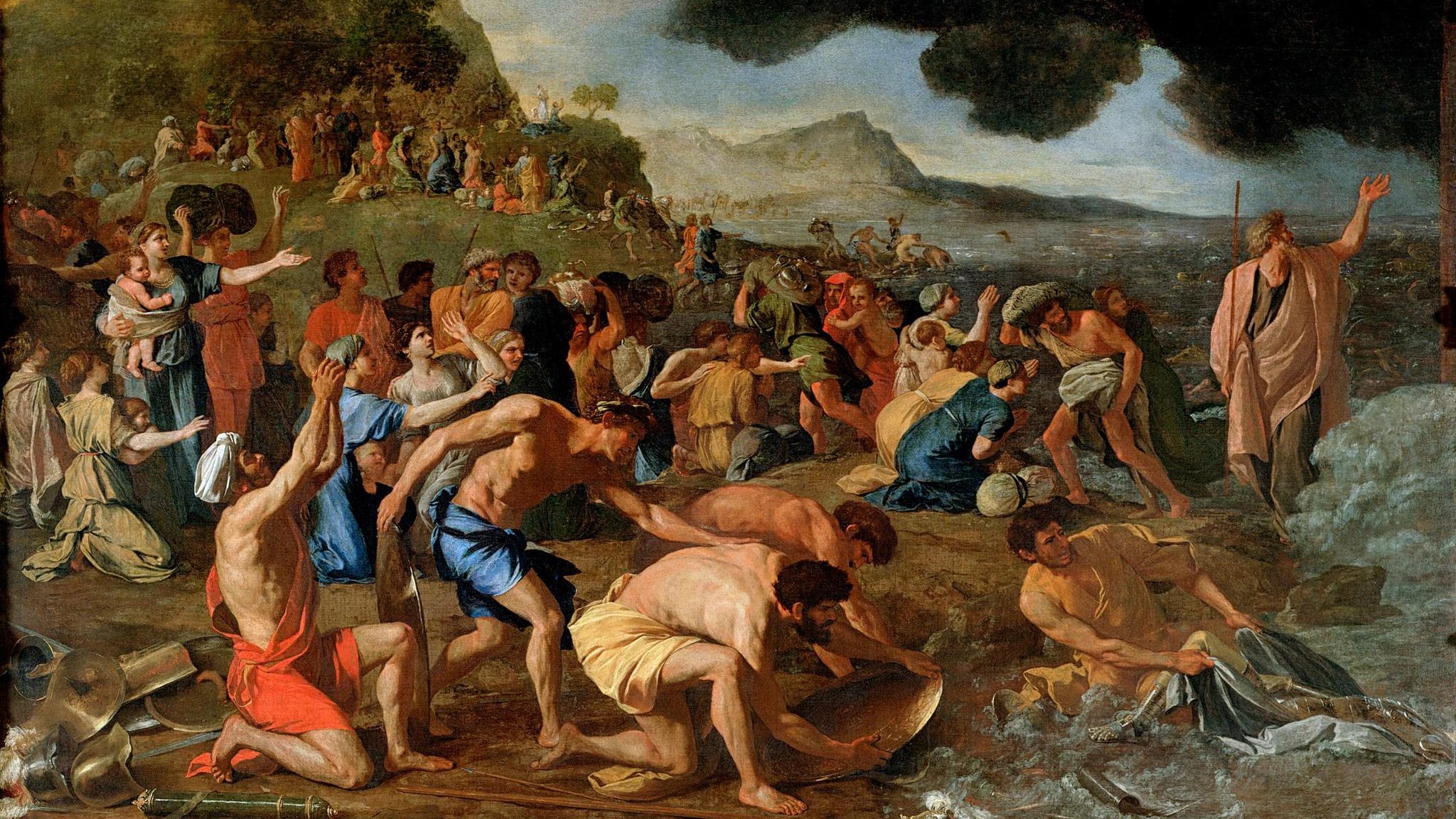 Mit einem Wink schließt Moses die zuvor geteilten Fluten des Schilfmeeres hinter sich. Es ist das Ende für die Streitwagentruppen, die der Pharao den Israeliten nachgeschickt hat. Die Hebräer aber, Gottes auserwähltes Volk, konnten das Meer zuvor trockenen Fußes durchschreiten