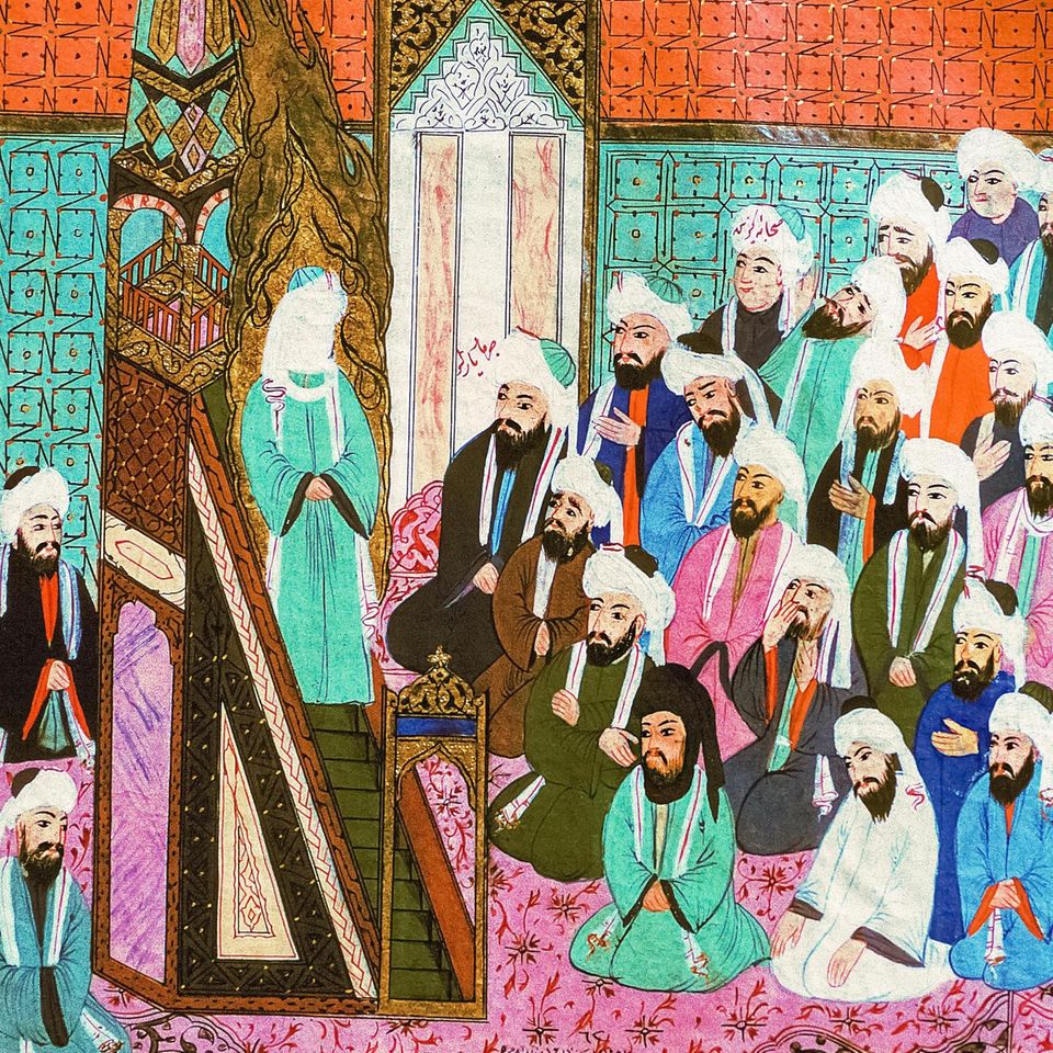 1AR-20-E622-11Mohammed predigt in Medina / tuerkische MiniaturMohammed, Stifter des Islam, um 570 -632. /- Der Prophet Mohammed predigt in seinem Haus inMedina (Nach seiner Auswanderung von Mekka nach Medina,im Hof seines Hauses, das zum Urbild ... Der neue Glaube bekommt in Medina erstmals eine politische Dimension – die dortigen Stammesführer akzeptieren den charismatischenRedner Mohammed als Oberhaupt