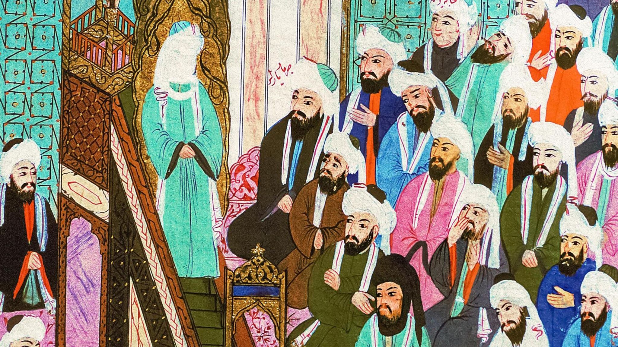 1AR-20-E622-11Mohammed predigt in Medina / tuerkische MiniaturMohammed, Stifter des Islam, um 570 -632. /- Der Prophet Mohammed predigt in seinem Haus inMedina (Nach seiner Auswanderung von Mekka nach Medina,im Hof seines Hauses, das zum Urbild ... Der neue Glaube bekommt in Medina erstmals eine politische Dimension – die dortigen Stammesführer akzeptieren den charismatischenRedner Mohammed als Oberhaupt