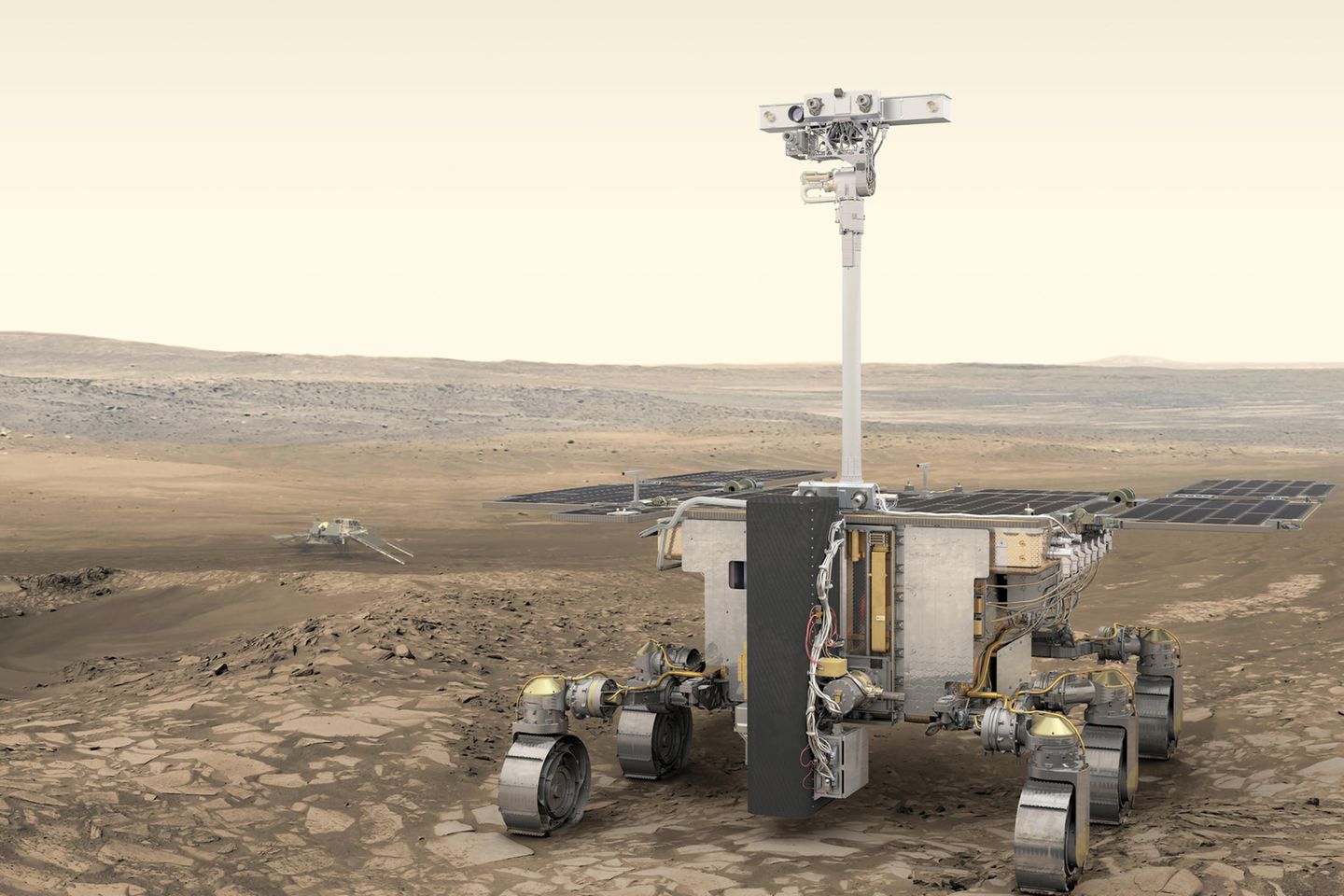 Künstlerische Darstellung des ExoMars-Rovers der ESA (im Vordergrund) und der russischen Wissenschaftsplattform (im Hintergrund) auf dem Mars
