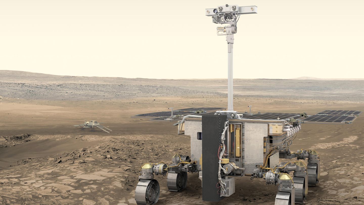 Künstlerische Darstellung des ExoMars-Rovers der ESA (im Vordergrund) und der russischen Wissenschaftsplattform (im Hintergrund) auf dem Mars