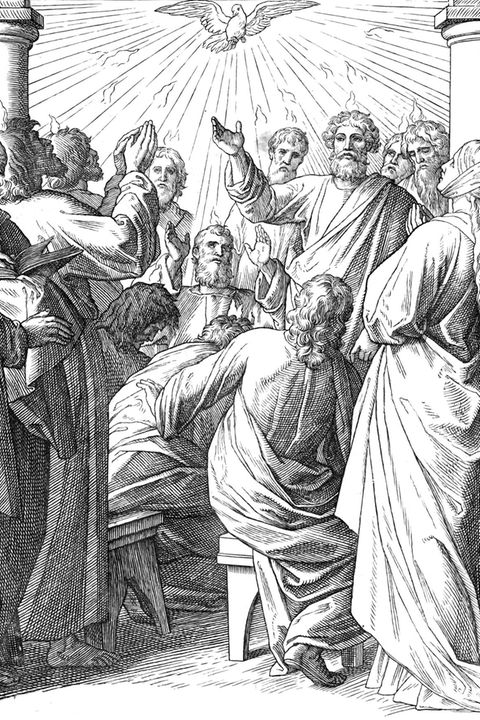 51 Tage nach der Kreuzigung Jesu erscheint den Jüngern der Heilige Geist, der von Gott ausgeht, und lässt sich wie flammende Zungen auf ihnen nieder. Dieses »Pfingsterlebnis« stärkt die christliche Gemeinschaft