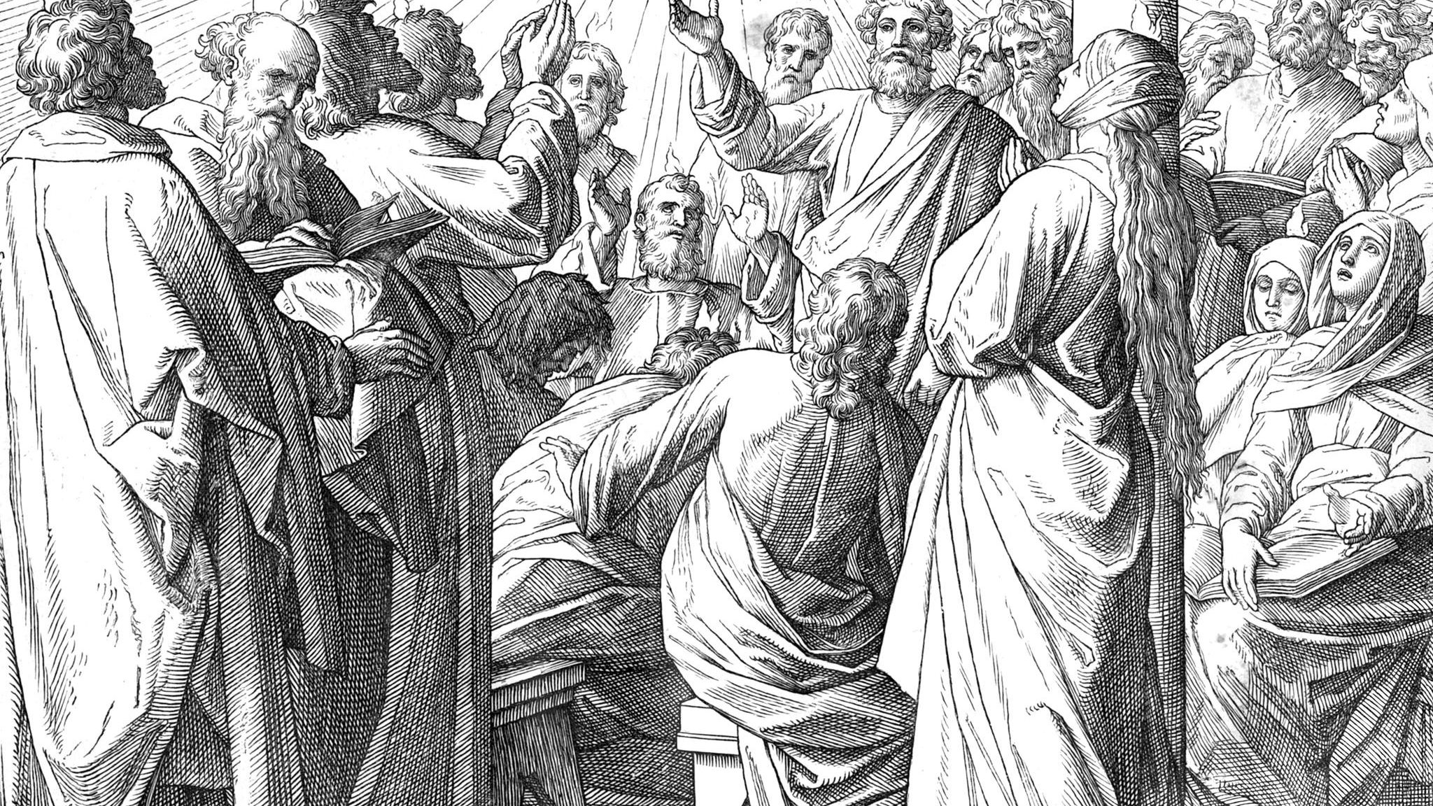 51 Tage nach der Kreuzigung Jesu erscheint den Jüngern der Heilige Geist, der von Gott ausgeht, und lässt sich wie flammende Zungen auf ihnen nieder. Dieses »Pfingsterlebnis« stärkt die christliche Gemeinschaft