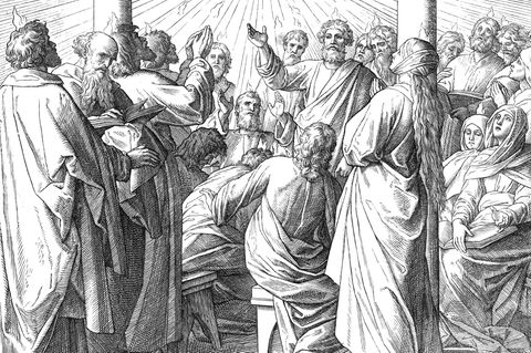 51 Tage nach der Kreuzigung Jesu erscheint den Jüngern der Heilige Geist, der von Gott ausgeht, und lässt sich wie flammende Zungen auf ihnen nieder. Dieses »Pfingsterlebnis« stärkt die christliche Gemeinschaft