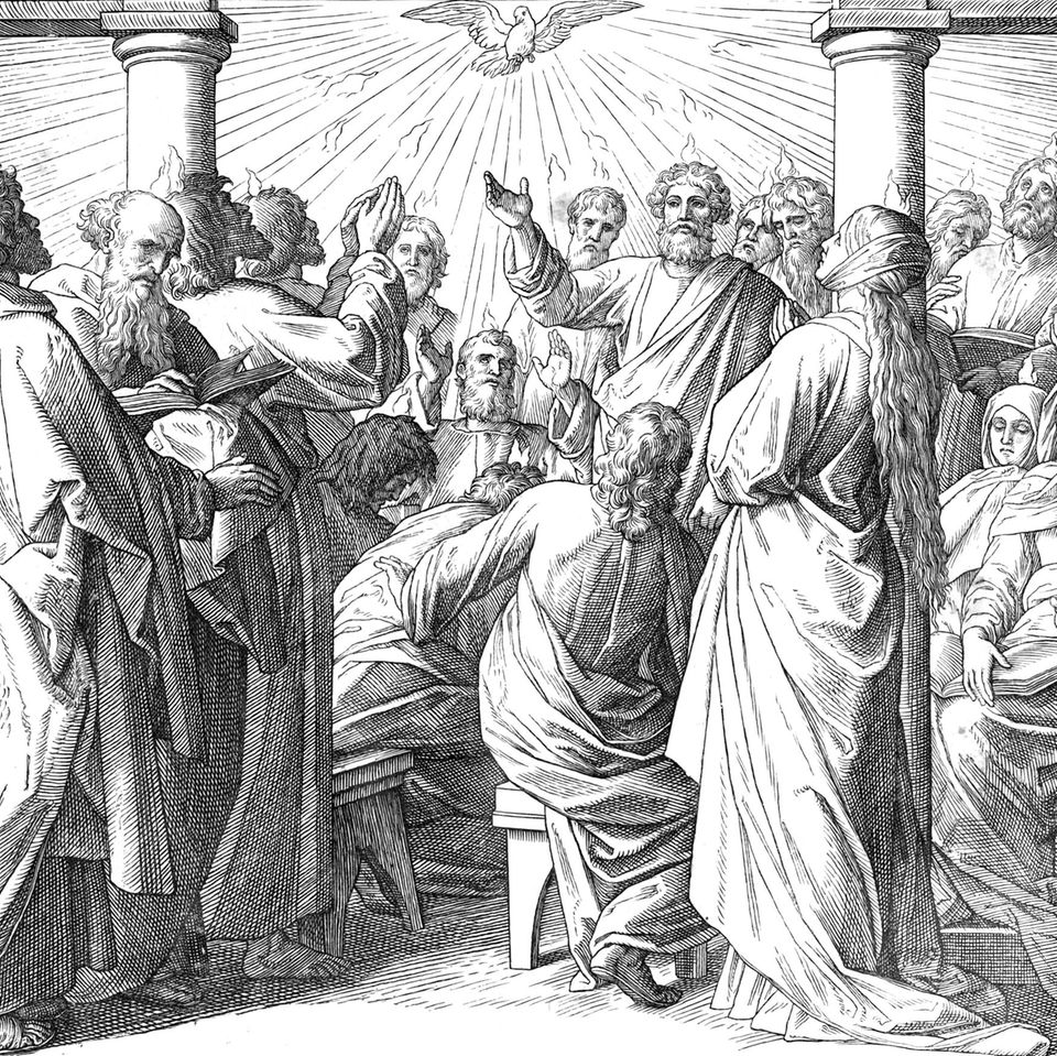51 Tage nach der Kreuzigung Jesu erscheint den Jüngern der Heilige Geist, der von Gott ausgeht, und lässt sich wie flammende Zungen auf ihnen nieder. Dieses »Pfingsterlebnis« stärkt die christliche Gemeinschaft