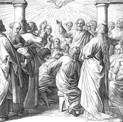 51 Tage nach der Kreuzigung Jesu erscheint den Jüngern der Heilige Geist, der von Gott ausgeht, und lässt sich wie flammende Zungen auf ihnen nieder. Dieses »Pfingsterlebnis« stärkt die christliche Gemeinschaft