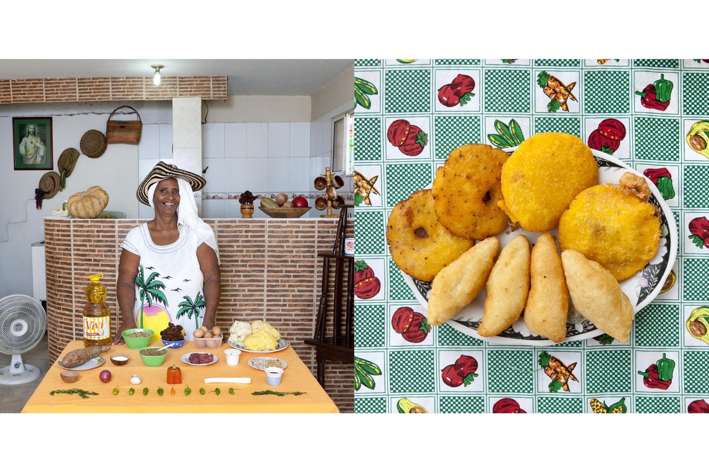 Ana Tulia Gómez  Arepas mit Ei und Rindfleisch (Rezept siehe unten)      Ana Tulia Gómez gewann mit ihren Arepas viele Male das Food-festival von Cartagena. Einmal wurde sie zum Kochen nach Paris eingeladen – ihre erste Fernreise.      Aus Maismehl, etwas Salz und heißem Wasser einen Teig rühren und einige Minuten ruhen lassen. Dann den Teig auf einer sauberen Oberfläche durchkneten, bis er in etwa die Konsistenz von Kartoffelbrei hat. In gleiche Stücke teilen und in der Hand zu flachen Scheiben formen (dabei etwas Teig übrig behalten). Dann gehackte Jalapeño-Chilies, rote Paprika und eine Zwiebel in einer Pfanne gar dünsten, Rinderhack hinzu-fügen und einige Minuten garen. In einem Topf Frittierfett erhitzen (es muss fünf Zentimeter hoch stehen) und die Teigfladen goldbraun frittieren. Abtropfen und abkühlen lassen. Dann schneidet Frau Gómez in die Arepas mit einem scharfen Messer eine Tasche, füllt ein kleines Ei hinein und gibt ein, zwei Esslöffel Fleischfüllung dazu. Mit dem übrigen Teig verschließt sie die Arepas, dann frittiert sie sie noch einmal und serviert sie.