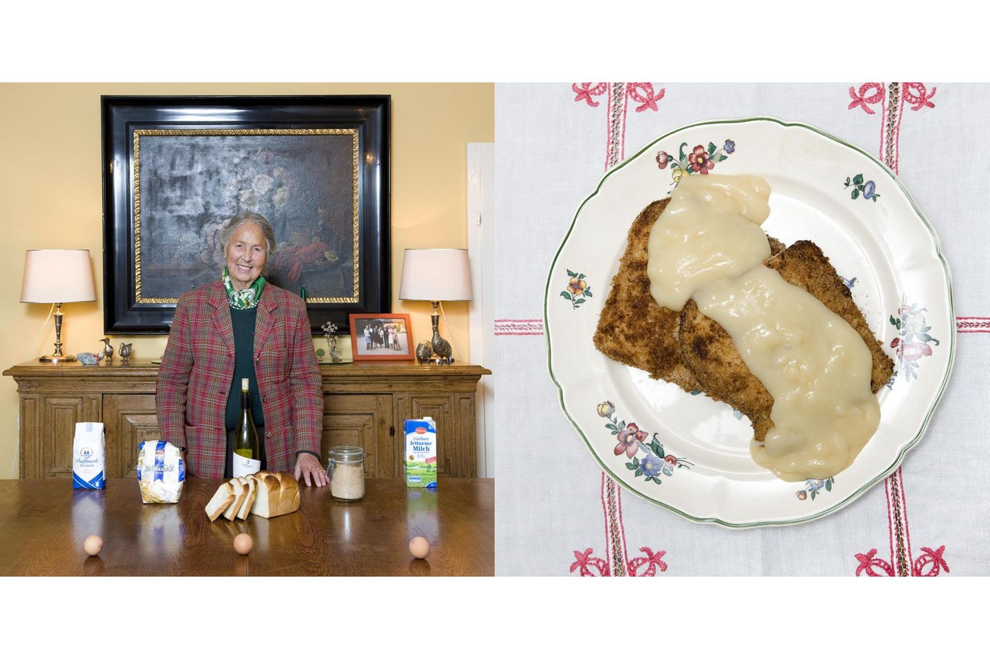 Doris Russell  Arme Ritter (Rezept siehe unten)      Eine Tochter aus bestem Hause heiratet einen Gutsherrn – klingt märchenhaft. Leider starb Doris Russells erster Mann früh; und so bewirtschaftete sie ihren Besitz nahe Köln lange allein. Nach einer zweiten Ehe ist ein Wasserschlösschen Treffpunkt der großen Familie. Die 86-Jährige brät "Arme Ritter", das zeugt von edler Ironie.      Ein Klassiker des Rheinlandes, der anderswo auf der Welt schnöde „French Toast“ heißt. Frau Russell macht die Armen Ritter so: Zwei Schüsseln neben einen Teller stellen. In der ersten Schüssel eine Ei-Milch-Mischung mit etwas Zucker und, nach Belieben, einem Hauch Zimt verquirlen. In die zweite Schüssel kommen verschlagene Eier, der Teller wird mit Semmelbröseln befüllt. Nun lässt Frau Russell Weißbrotscheiben die Ei-Milch-Mischung aufsaugen, taucht sie dann in die Eier und wälzt sie schließlich in den Bröseln. Dann brät sie die Scheiben in Butter, bis sie gülden leuchten. Die Soße bereitet sie währenddessen: Verschlagene Eier mit etwas Wein, etwas Mehl und ordentlich Zucker vermischen und kochen, bis die Sache sämig wird. So ähnlich wurde diese Mahlzeit schon im 14. Jahrhundert bereitet.