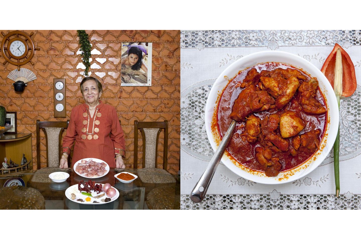 Grace Estibero  Chicken Vindaloo (Rezept siehe unten)      Die 82-Jährige lebt im Norden von Mumbai, bei einem ihrer Söhne und dessen Familie. Aufgewachsen ist Grace Estibero im südindischen Goa, wie die meisten dort hat sie portugiesische Vorfahren. Ihr Gericht passt dazu: Die Zubereitungsart wurde von Portugiesen in die indische Küche eingeführt.      Frau Estibero kocht üblicherweise für sechs Personen, da braucht es schon acht Hühner-Oberschenkel, in bissgroße Stücke gehackt. Zunächst bereitet sie die Masala-Soße: Getrocknete rote Chilischoten in den Mixer, dazu eine rote Zwiebel, grüne Chilies, Zimt, Knoblauch, Ingwer, Kreuzkümmel, Knoblauch (mindestens 10 Zehen!), schwarzen Pfeffer, Kurkuma (Gelbwurz), Tamarindenpaste und Zucker. Alles mit so viel Wasser pürieren, dass die Soße schön sämig wird. Eine gehackte Zwiebel in einer großen, am besten gusseisernen Pfanne goldbraun dünsten, dann mit der Soße vermischen. Huhn einlegen und gar schmoren – das dauert etwa 20 Minuten.