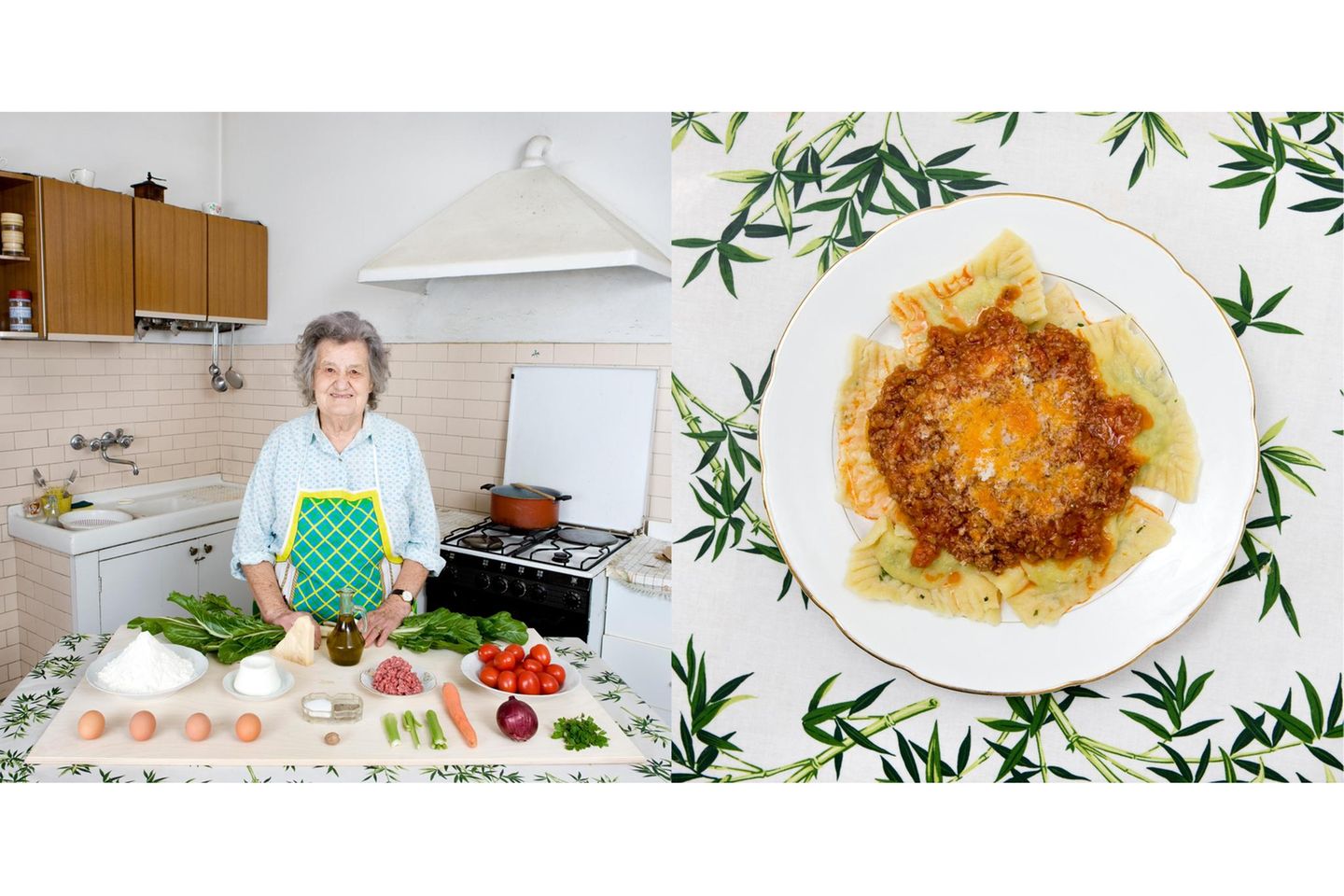 Marisa Batini  Mangold-Ricotta-Ravioli mit Fleischsoße (Rezept siehe unten)      Natürlich hat der Italiener Gabriele Galimberti auch die eigene Oma fotografiert. Dabei bekochte Marisa Batini, 80, ihren Enkel gar nicht so oft. Er weiß aber noch genau, wie sie ihn – und die ganze Familie – dazu anhielt, den Teig für ihre geliebten Ravioli per Hand auszurollen.      Aus enthäuteten Tomaten, Petersilie, angeschwitzten Sellerie-, Möhren- und Zwiebelwürfeln und dem Rinderhack eine Soße bereiten – sie muss lange (drei Stunden!) simmern. Währenddessen aus Mehl, drei Eiern und Olivenöl einen Teig kneten. Während dieser ruht, den Mangold weichkochen (ca. 15 Minuten). Dann den Mangold und Ricotta hacken, mit dem restlichen Ei und etwas Parmesan zu einer Füllung vermischen – etwas Muskatnuss kann nicht schaden. Den ausgerollten Teig in passende Rechtecke schneiden, etwa einen Esslöffel Füllung auf ein Rechteck geben und mit einem anderen Rechteck verschließen. Die fertigen Ravioli al dente kochen, mit der Fleischsoße servieren – und mit etwas Parmesan bestreuen.
