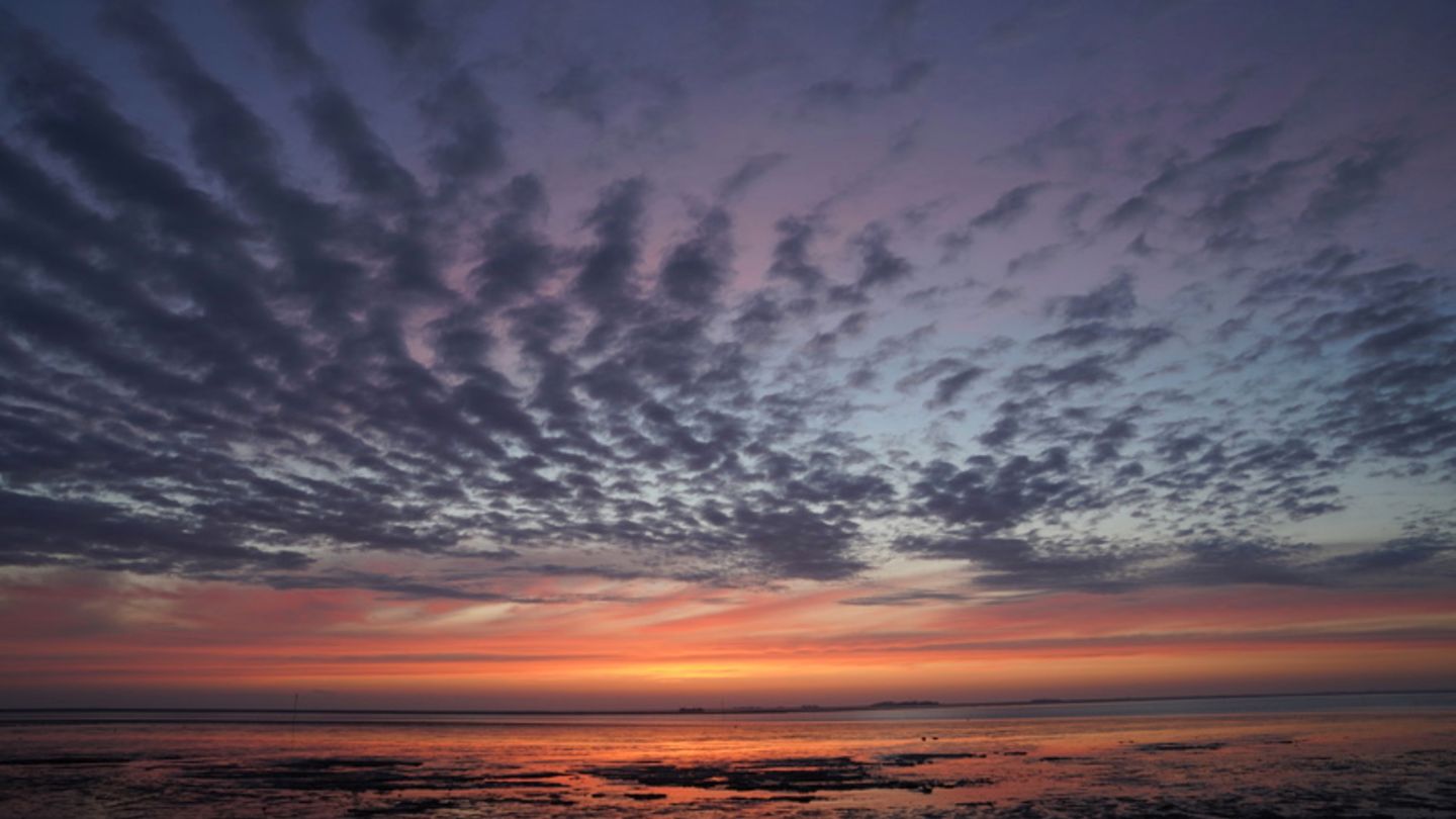 Die Sonne geht über der Nordsee vor der Insel Pellworm unter