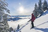 Frau mit Schneeschuhen auf einer Wanderung im winterlichen Bayerischen Wald