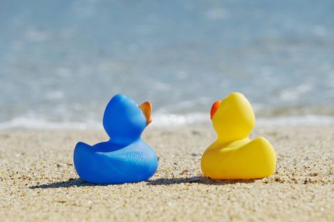 Eine blaue und eine gelbe Quietscheente am Strand