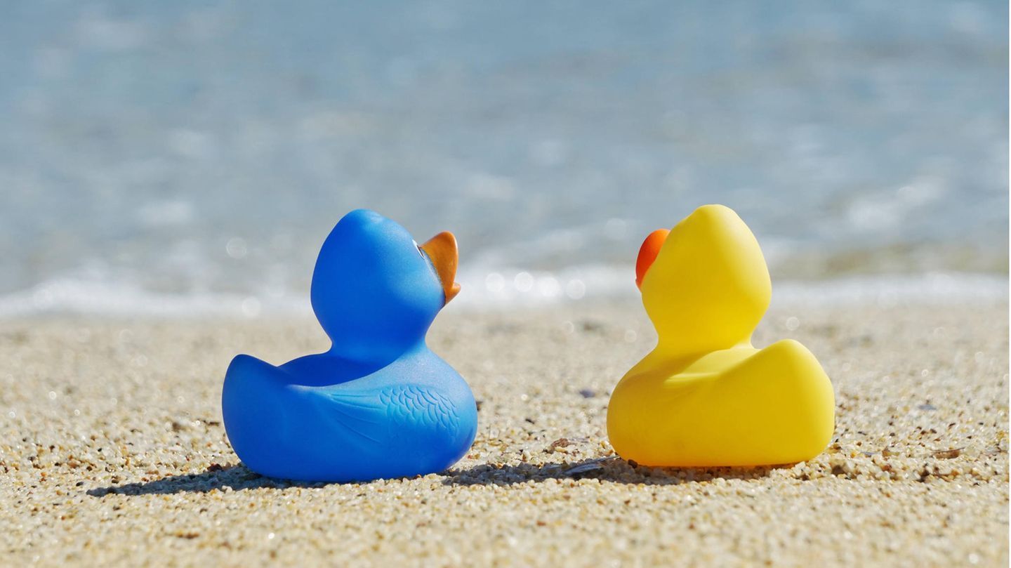 Eine blaue und eine gelbe Quietscheente am Strand