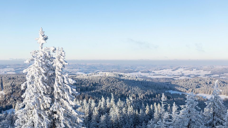 Rainer Waelder Winterwantern Schwarzwald, FINAL bearbeitete Dateien für Litho, 14.10.2021; Panoramablick vom Feldberg Richtung Nordost Höher geht's im Schwarzwald nicht: auf dem 1495-Meter-Feldberg-Gipfel